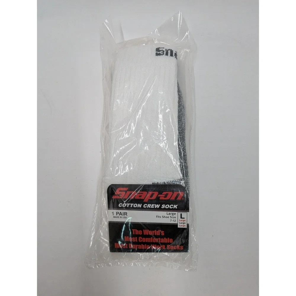 Snap-on 3 Pack Men White Cotton Crew Socks Large Shoe Size 7-12 Made in USA